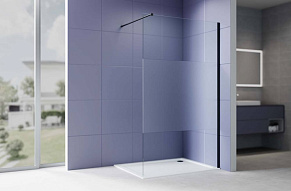 AQ.WI.140.3BL Душевая перегородка Walk in с держателем 1400x2000 профиль черный, стекло прозрачное с матовой полосой 8мм 500_191_3224891
